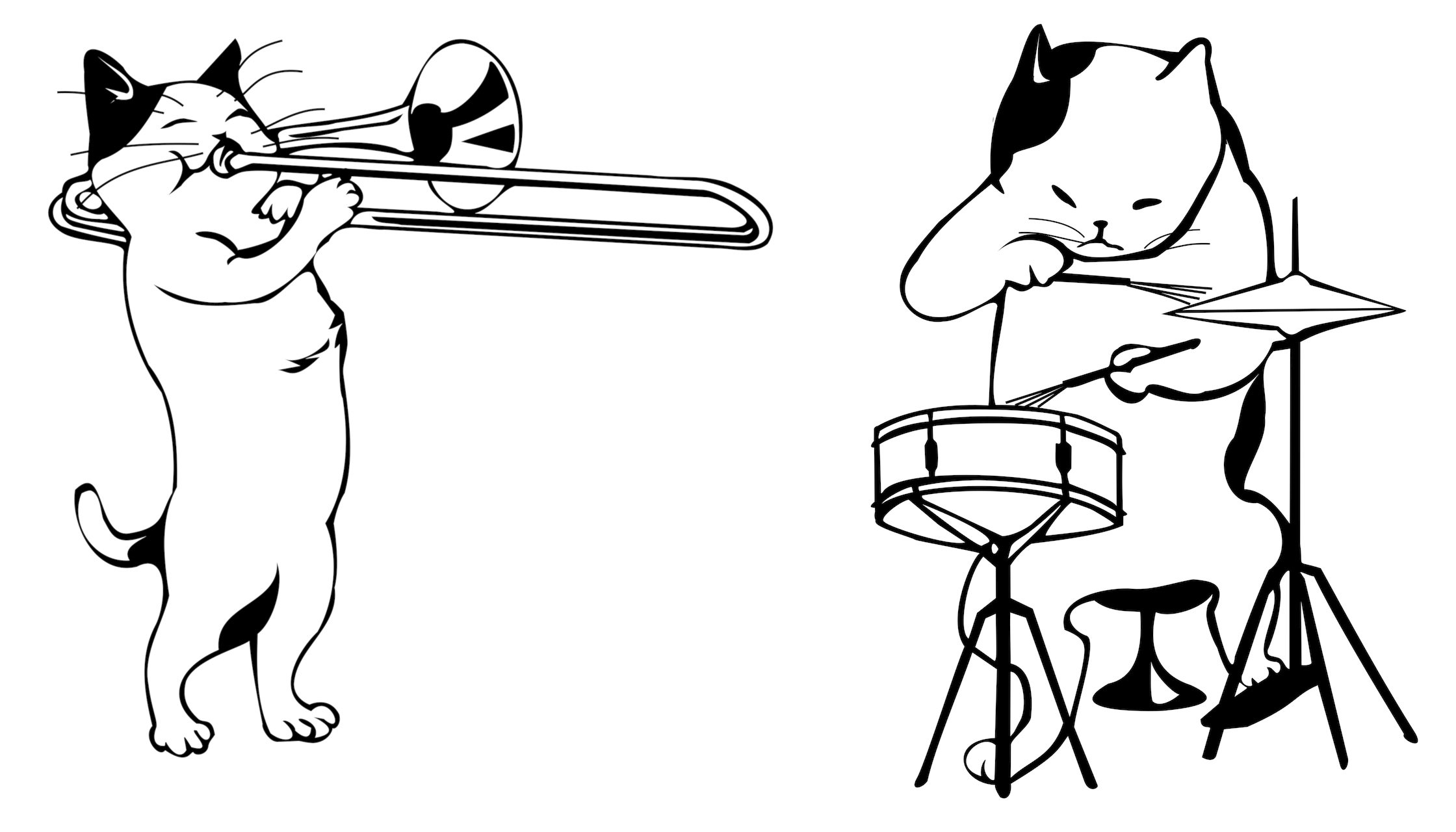 line art of a cat playing a trombone, and a cat playing a drum kit